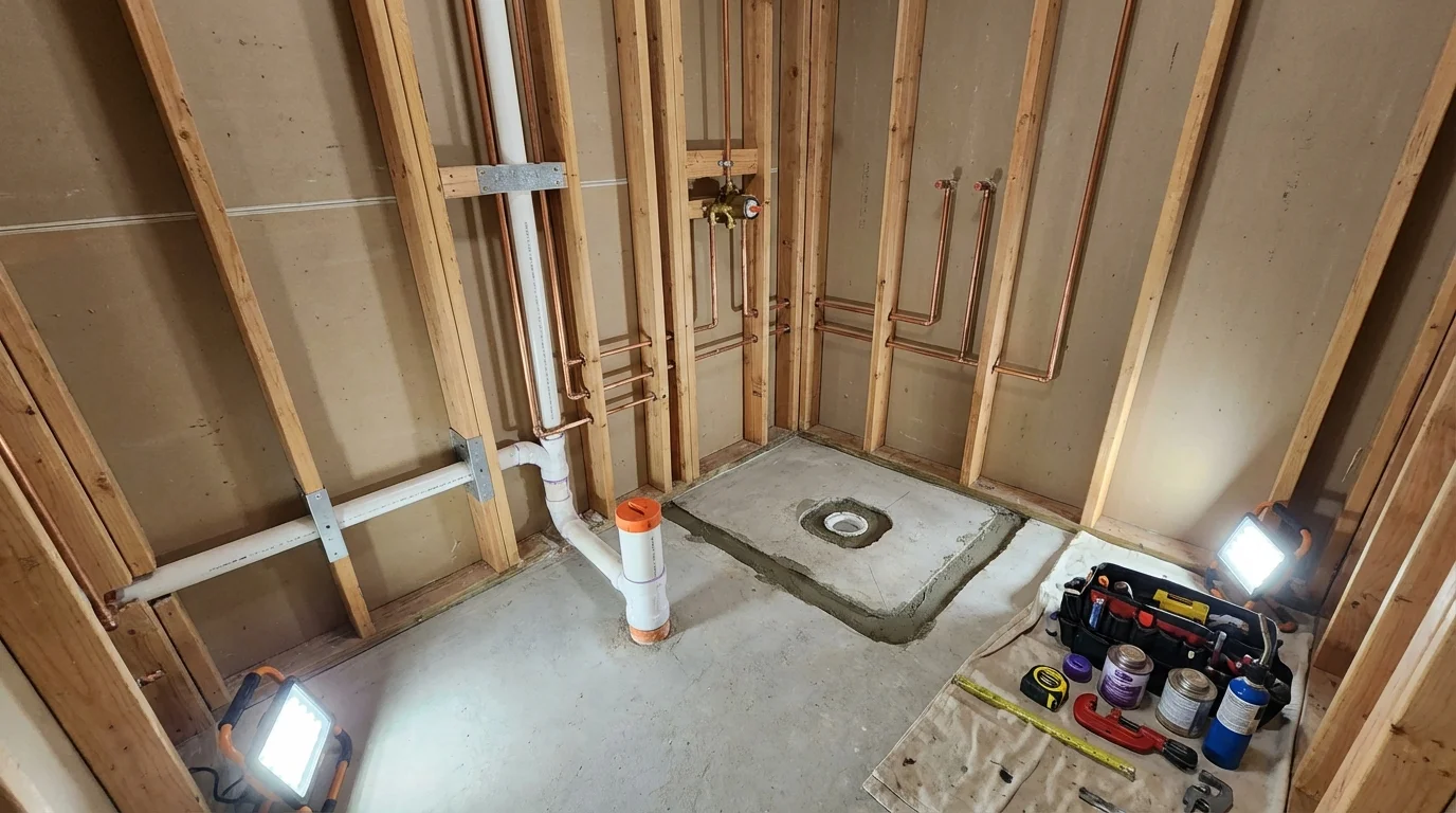Bathroom rough-in plumbing during remodel by Johns Plumbing LLC in Canal Fulton