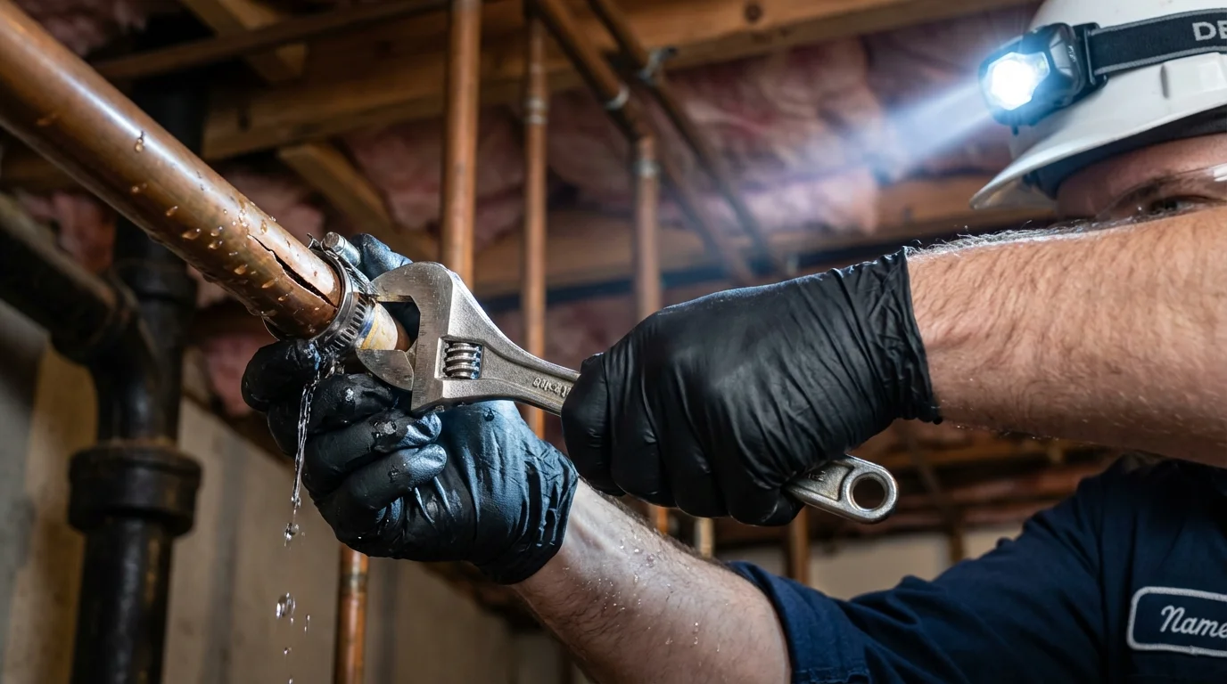 Emergency pipe clamp repair being performed by a Johns Plumbing LLC plumber in Canal Fulton