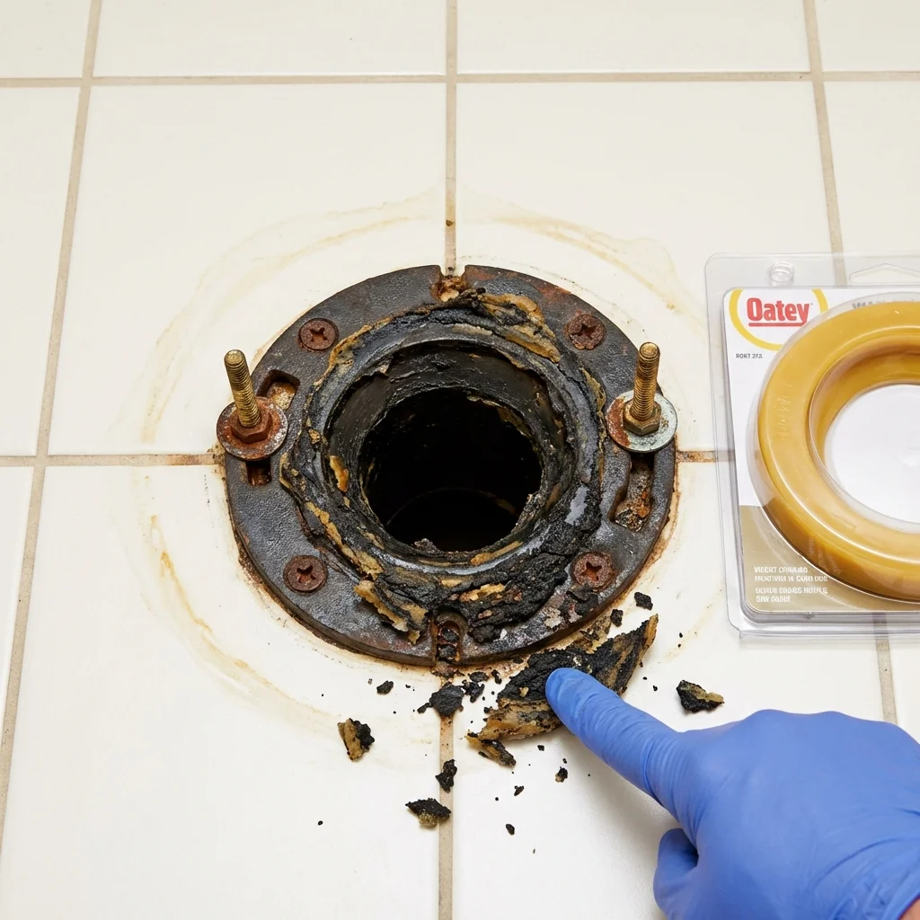Failed wax ring showing water seepage at the base of a toilet in a Canal Fulton, OH home