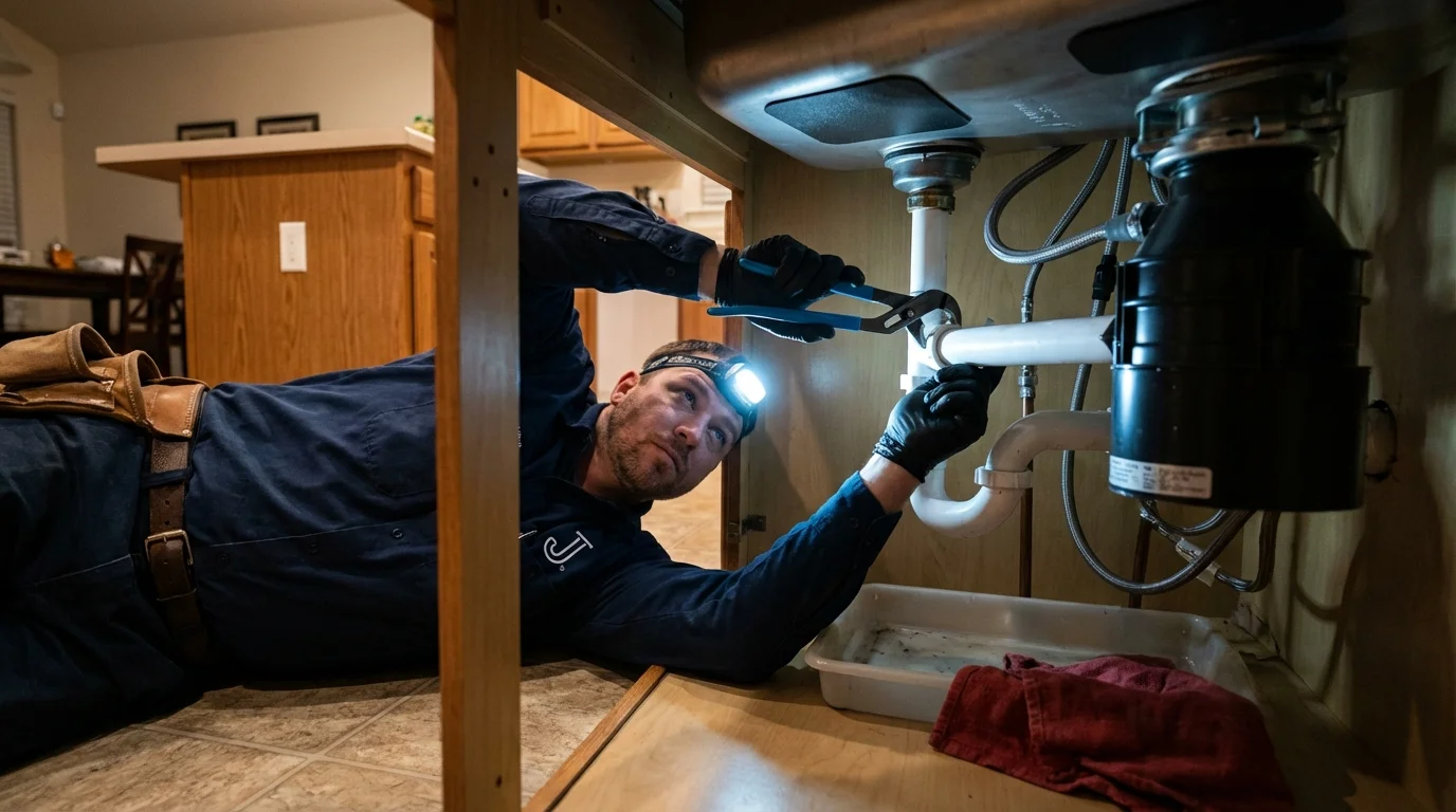 P-trap and supply line connections under a kitchen sink showing a common leak point in Canal Fulton, OH